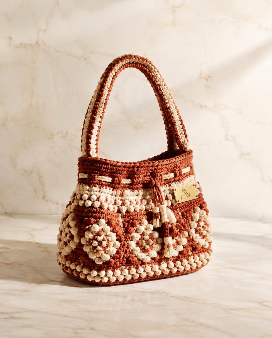 Gehäkelte Unikat-Tasche in Terrakotta und Creme